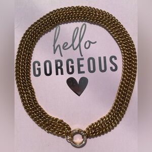 Gold Plated Multi Chain Necklace w/ Pavé Clasp | 16” Statement